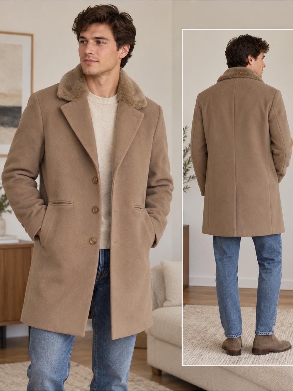 Forever 21 Mens Camel Faux Fur Collar Coat